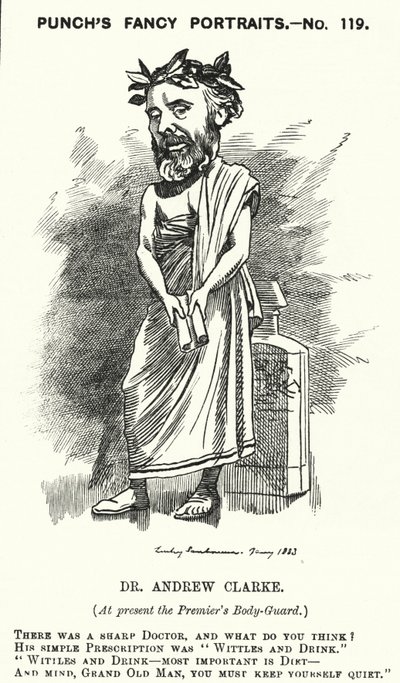 Punch tegnefilm: Sir Andrew Clarke, britisk læge, læge til William Ewart Gladstone (gravering) af Edward Linley (after) Sambourne