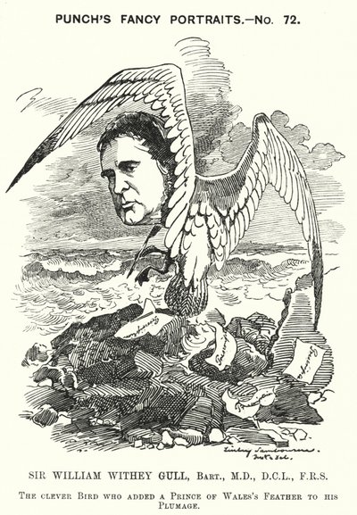 Punch tegneserie: Sir William Withey Gull, engelsk læge, der behandlede prinsen af Wales for tyfus og blev almindelig læge for dronning Victoria (gravering) af Edward Linley (after) Sambourne