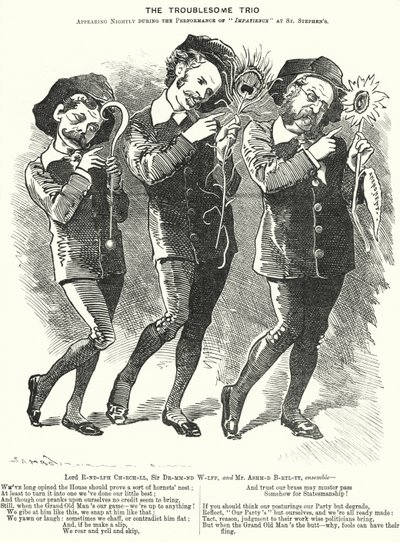 Punch tegnefilm: The Troublesome Trio: Lord Randolph Churchill, Henry Drummond Wolff og Ellis Ashmead-Bartlett, britiske konservative politikere (gravering) af Edward Linley (after) Sambourne