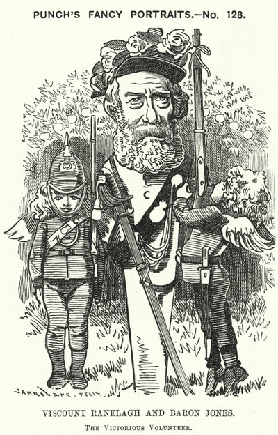 Punch tegneserie: Thomas Heron Jones, 7. Viscount Ranelagh og Baron Jones af Navan, promotor for den frivillige bevægelse for den britiske hær (gravering) af Edward Linley (after) Sambourne
