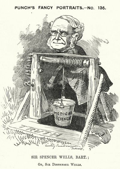 Punch tegnefilm: Thomas Spencer Wells, engelsk læge, kirurg for dronning Victoria (gravering) af Edward Linley (after) Sambourne