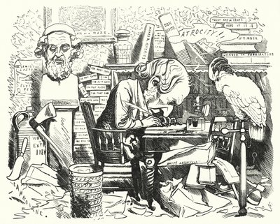 Punch tegneserie: forfatter på arbejde i sit arbejdsværelse (gravering) af Edward Linley (after) Sambourne