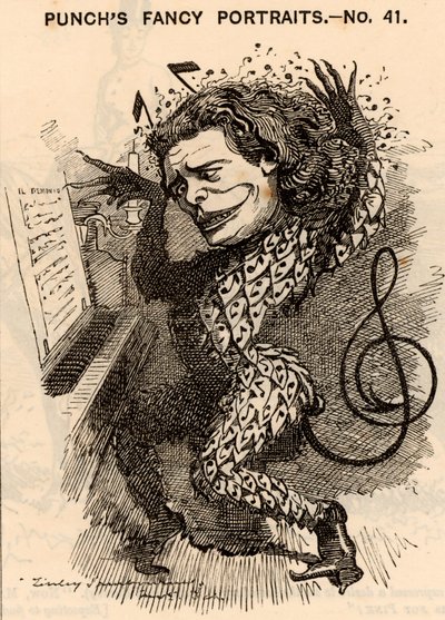 ""Anton Rubinstein (1829-1894) russisk pianist, komponist og dirigent, grundlægger af Sankt Petersborgs konservatorium. I London-koncertsæsonen 1881 tjente han i omegnen af £10.000. En af hans kompositioner var en opera ""Demon"" (1875). Tegnefilm af Edwa af Edward Linley Sambourne