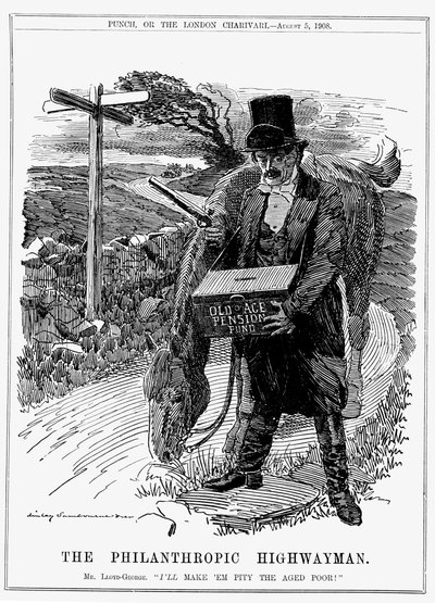 David Lloyd George (1863-1945) walisisk-født britisk liberal statsmand. I 1908 indførte Lloyd George som finanskansler sin lov om alderdomspensioner. Tegnefilm af Edward Linley Sambourne fra Punch, London, august 1908. af Edward Linley Sambourne
