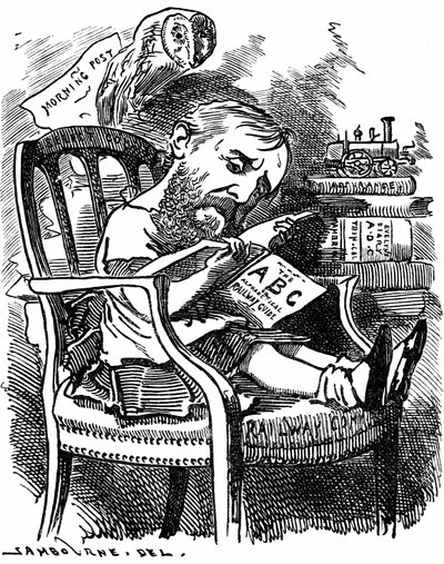 Evelyn Ashley (1836-1907) engelsk forfatter og liberal politiker: søn af 7. jarl af Shaftesbury. Tegnefilm af Edward Linley Sambourne i Fancy Portraits-serien fra Punch London april 1881, da Ashley var undersekretær i Board of Trade. af Edward Linley Sambourne