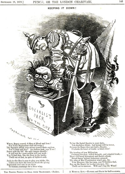 Holder det nede. Otto von Bismarck (1815-1898) Tysklands kansler, der forsøger at tvinge socialismens Jack tilbage i sin boks. Billedteksterne fortæller ham, at enhver undertrykkelseshandling er en eliksir til det menneskelige ønske om mere frihed. Tegnefi af Edward Linley Sambourne