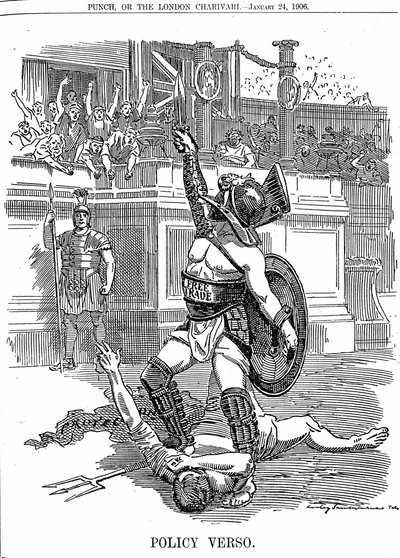 Med tilbagevenden af den liberale regering i Storbritannien, december 1905, var frihandel politikken snarere end den konservative politik for beskyttelse af told. Tegneserie af Edward Linley Sambourne fra Punch London 24. januar 1906 af Edward Linley Sambourne