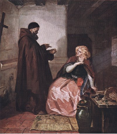 Juliet og broder Laurence (Romeo og Julie) Tag glasset, mens du så er i sengen, og tag denne destillerede spiritusdrik af, fra pubben The Complete Works of William Shakespeare af J Coker & Co Ltd (c. af Edward Matthew Ward