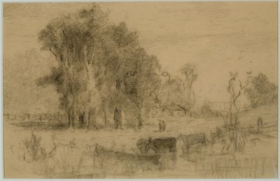 Landskab, robåd og køer (#57) C. 1880 (grafit på papir) af Edward Mitchell Bannister