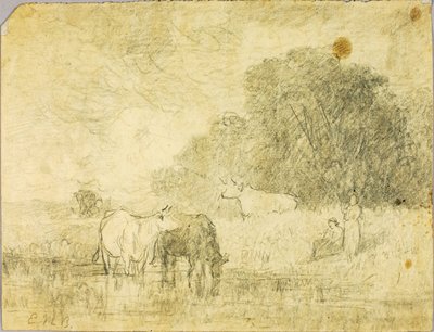 Landskab med køer ved dam, to figurer af Edward Mitchell Bannister