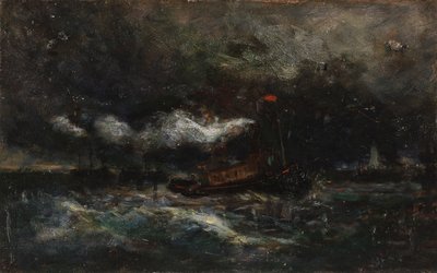 Squall, Brenton Light (båd i storm, fyrtårn i baggrunden) af Edward Mitchell Bannister