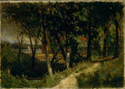 Uden titel (landskab, skovscene med rødt hegn og bygning) af Edward Mitchell Bannister