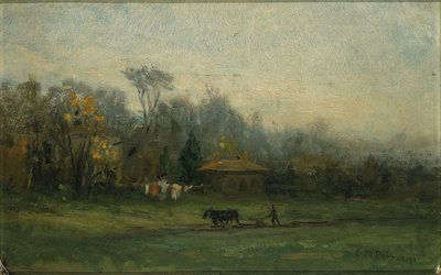 Uden titel (landskab med mand, der pløjer marker) af Edward Mitchell Bannister