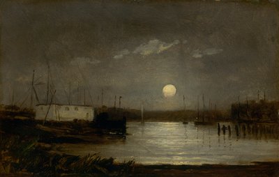 Uden titel (måne over en havn, kajscene med fuldmåne og bådmaster) af Edward Mitchell Bannister