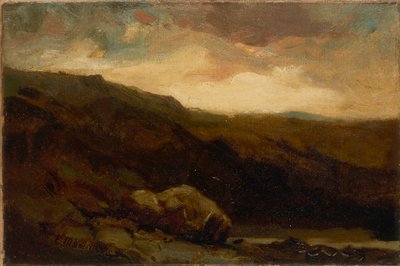 Uden titel (bjerglandskab med klippe og vandløb i forgrunden) af Edward Mitchell Bannister