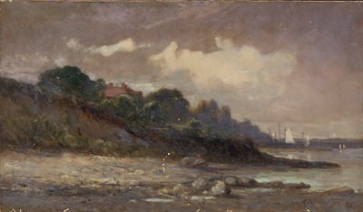 Uden titel (kystlinje med sejlbåde og tag) af Edward Mitchell Bannister