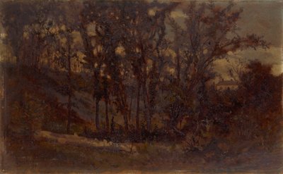 Unavngivet skovscene, væltet træ i forgrunden og hus i baggrunden, 1873. af Edward Mitchell Bannister