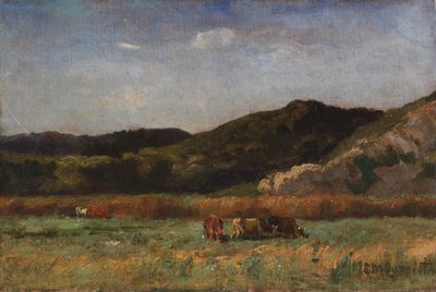 Unavngivet landskab med græssende køer, bakker, 1891. af Edward Mitchell Bannister
