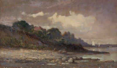 Unavngivet kystlinje med sejlbåde og tag, 1893. af Edward Mitchell Bannister