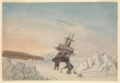 Et skib sidder fast i isen med to besætningsmedlemmer, der fastgør skibet til isen med fire fastgørelsesanordninger. af Edward Newell Harrison