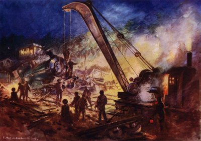 Kran fjerner vragdele fra stedet for en jernbaneulykke (farve litho) af Edward Parick Kinsella