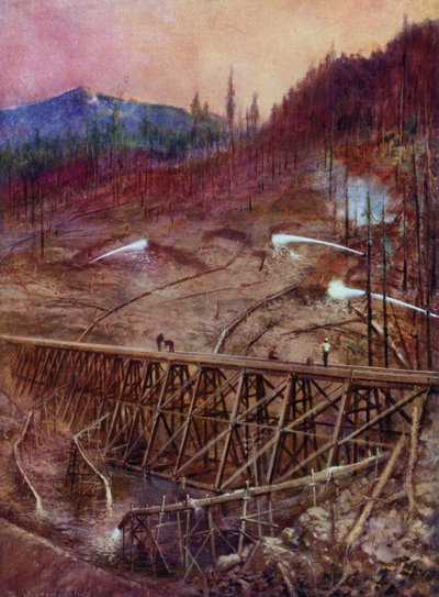 Påfyldning af en bukke på en jernbane ved hydraulisk slusning (farve litho) af Edward Parick Kinsella