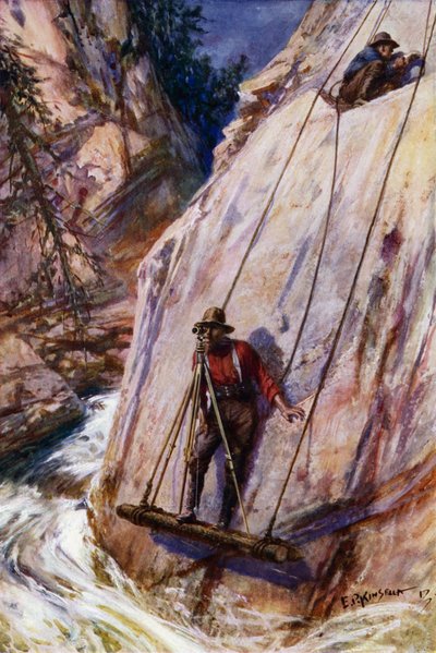 Jernbaneinspektører, der udfører usikkert arbejde på ruten for en bjergbane (farve litho) af Edward Parick Kinsella