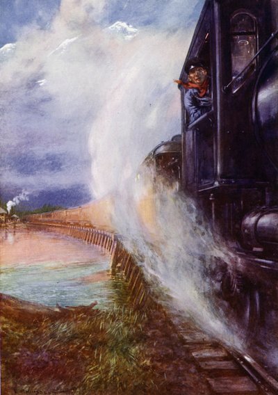 Tog, der passerer langs Skeena-floden på Grand Trunk Pacific Railway, Canada (farve litho) af Edward Parick Kinsella