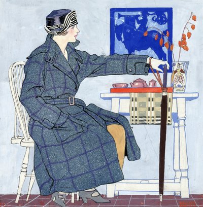 En ung kvinde sidder ved siden af et bord med en paraply af Edward Penfield