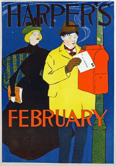 Videnskab. Meddelelse. Stolpe. Valentinsbrevet, plakat af Penfiel for magasinet Harper