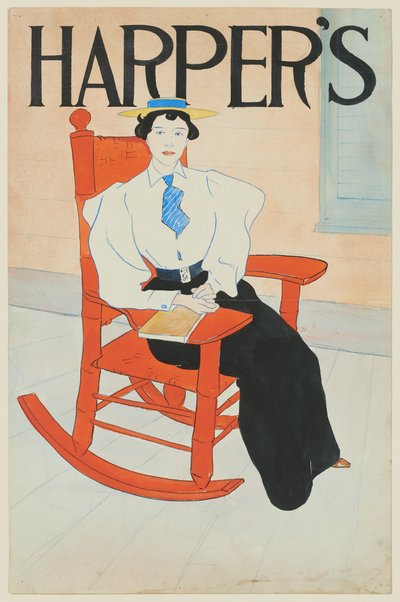 Junge Frau in einem roten Schaukelstuhl sitzend af Edward Penfield