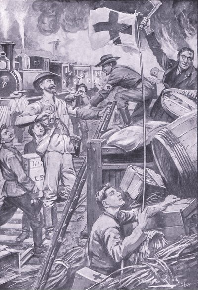 Falsk ambulancemand ødelægger butikker ved Komati Foort under dække af Røde Kors flag, illustration fra After Pretoria: The Guerilla War, 1902 af Edward Read