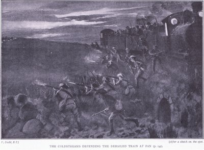 The Coldstreams forsvarer et afsporet tog, illustration fra After Pretoria: The Guerilla War, 1902 af Edward Read