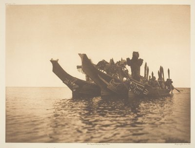 Maskerede dansere i kanoer-Qagyuhl A af Edward S. Curtis