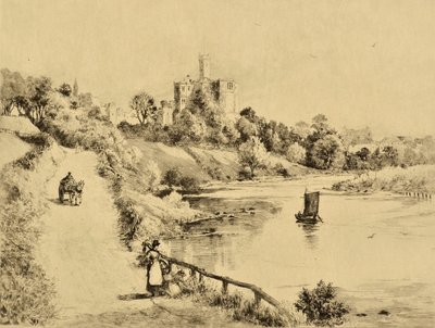 The Coquet: Warkworth Castle fra vejen til Amble, ca. 1880 (radering) af Edward Slocombe
