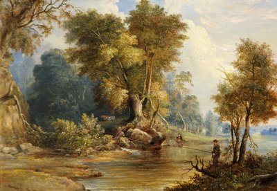 Flodscene med lystfiskere, the Leadon, Gloucestershire, ca. 1880 af Edward Smith