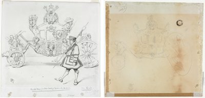Diligencen til parlamentariske formål (recto) Undersøgelse for førerhus og forreste venstre hjul på træner og studie for leder af kronet figur, der sidder på toppen af træner (verso) af Edward Tennyson Reed