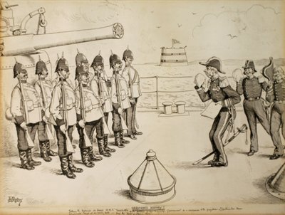 Uregistreret historie! At fortælle marinesoldaterne om bord på HMS Taradiddle, at Hendes Majestæts regering beslutter sig - som en indrømmelse til fordomme for kontinentalmagterne - om at evakuere Egypten på et tidligt tidspunkt: formentlig den første apri af Edward Tennyson Reed