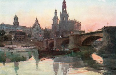 Dresden - Augustusbroen (farvelitografi) af Edward Theodore Compton