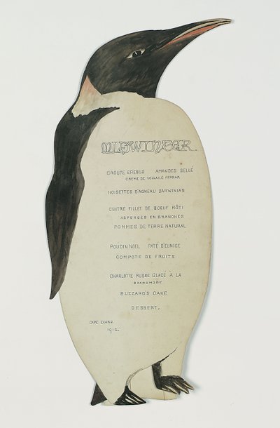Menu i form på en kejserpingvin, til Midvinterdagsmiddagen, Cape Evans, 22. juni 1912 (pen & gouache på kort) af Edward W. Nelson
