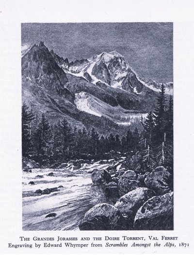 The Grand Jorasses and the Doire Torrent, Val Ferrett, fra British Adventure udgivet af Collins, 1947 af Edward Whymper