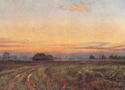 Solen går ned ... ... Jorden vender som et træt barn sit ansigt mod nattens skød (farvelitografi) af Edward Wilkins Waite