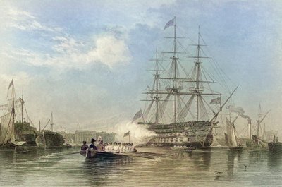 Den britiske flådes flagskib hilser i Gosford havn, England. 1800-tallet (gravering) af Edward William (after) Cooke