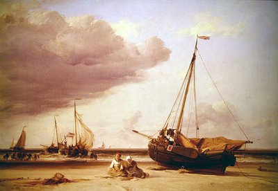 En strandscene (olie på lærred) af Edward William Cooke