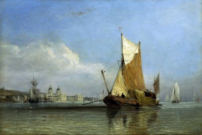 En pram fuld af hø ud for Greenwich på Themsen (England), en type fladbundet båd, der var praktisk til at sejle ind i bugterne ved Suffolk og Margate-gårdene, sejlede frem og tilbage til hjertet af London for at levere hø til hundredvis af heste i hovedsta af Edward William Cooke