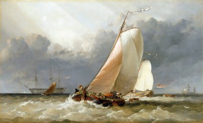 Hollandsk sejlbåd, der sejler på Zuiderzee (Holland). Olie på lærred af Edward William Cooke