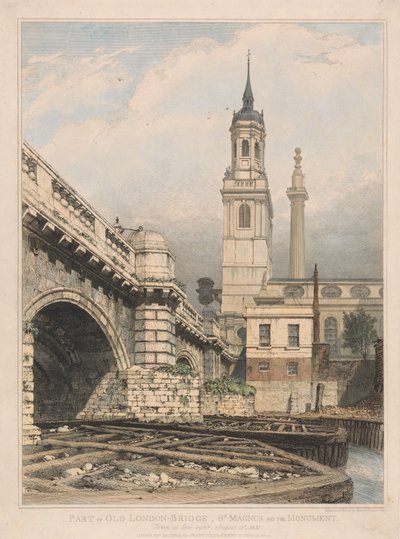 En del af den gamle London Bridge, St. Magnus og Monumentet af Edward William Cooke