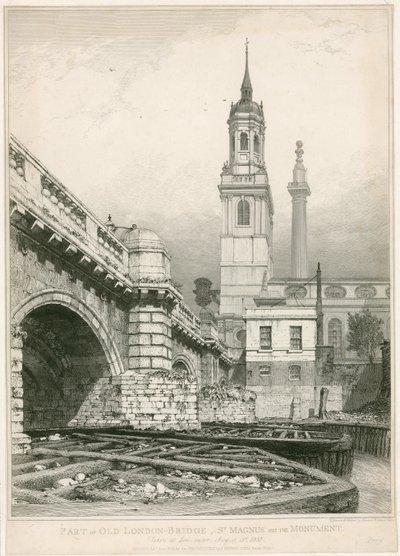 En del af Old London Bridge, St Magnus og Monumentet af Edward William Cooke