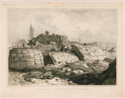 En del af Old London Bridge, som den så ud i juni 1832 af Edward William Cooke