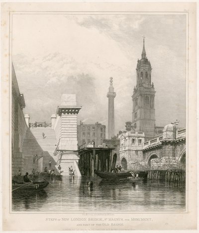 Trin fra New London Bridge, St. Magnus, monumentet og en del af den gamle bro af Edward William Cooke